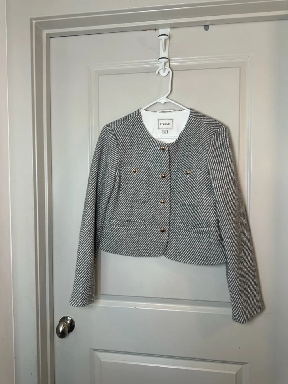 NEW Anthropologie Maeve Boxy Wool Blend Grey/ White Lady Jacket Blazer, Medium